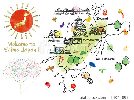 Cute hand-drawn line art illustration map of tourist spots in Ehime and lucky charms Cute hand-drawn line art illustration map of tourist spots in Ehime and lucky charms 140438931