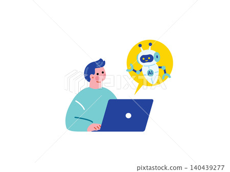 Illustration of a man asking a question to an AI chat. 140439277