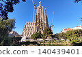 A panoramic view of the Sagrada Familia and the Tower of Jesus against a blue sky. 140439401