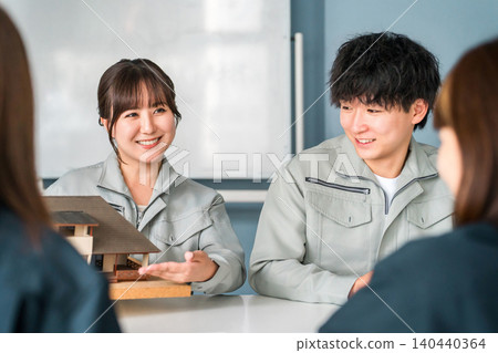 建築業穿著工作服的男性和女性商人使用房屋模型舉行會議。 建築業穿著工作服的男性和女性商人使用房屋模型舉行會議。 140440364