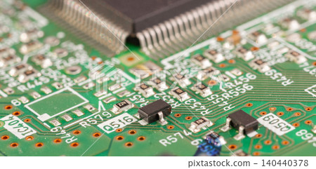 Close-up view of a circuit board with electronic components and connectors. Close-up view of a circuit board with electronic components and connectors. 140440378
