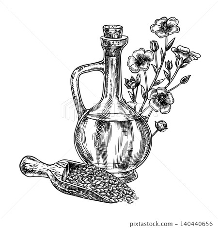 Flaxseed oil. Hand-drawn black and white vector illustration. Beautifully shaped glass bottle with flaxseed oil. Flowers and flax seeds. Element of label and packaging design, posters, and more Flaxseed oil. Hand-drawn black and white vector illustration. Beautifully shaped glass bottle with flaxseed oil. Flowers and flax seeds. Element of label and packaging design, posters, and more 140440656