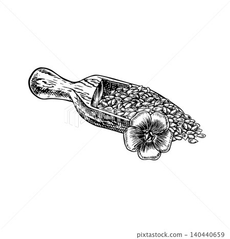 Flax seed in a wooden scoop and a flax flower. Black and white, graphic, vector, and hand-drawn illustrations. Element of label and packaging design, as well as banners, posters, and more Flax seed in a wooden scoop and a flax flower. Black and white, graphic, vector, and hand-drawn illustrations. Element of label and packaging design, as well as banners, posters, and more 140440659