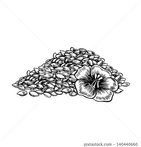 A handful of flax seeds, a flax flower. Black and white, graphic, vector, and hand-drawn illustrations. Design elements for labels and packaging, as well as banners, posters, and more A handful of flax seeds, a flax flower. Black and white, graphic, vector, and hand-drawn illustrations. Design elements for labels and packaging, as well as banners, posters, and more 140440660