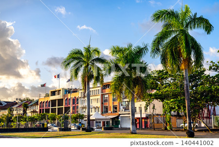 View of colorful urban buildings and tall palm trees at La Savane Park in Fort de France, Martinique, under a blue sky. View of colorful urban buildings and tall palm trees at La Savane Park in Fort de France, Martinique, under a blue sky. 140441002