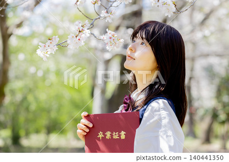 A spring portrait of a high school girl holding her graduation certificate while looking up at cherry blossoms. 140441350