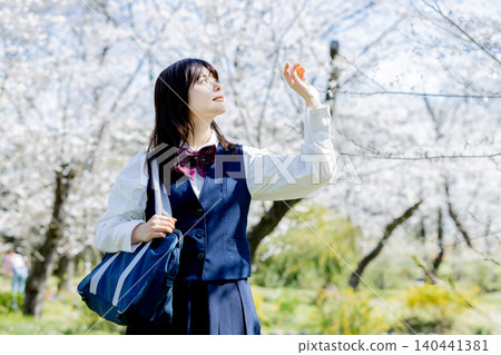A portrait of a high school girl feeling the spring under the fully bloomed cherry blossoms. A portrait of a high school girl feeling the spring under the fully bloomed cherry blossoms. 140441381