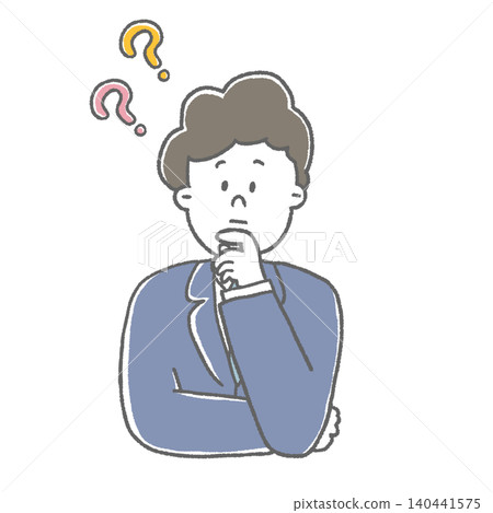 A man in a suit thinking, with a question mark above his head. 140441575