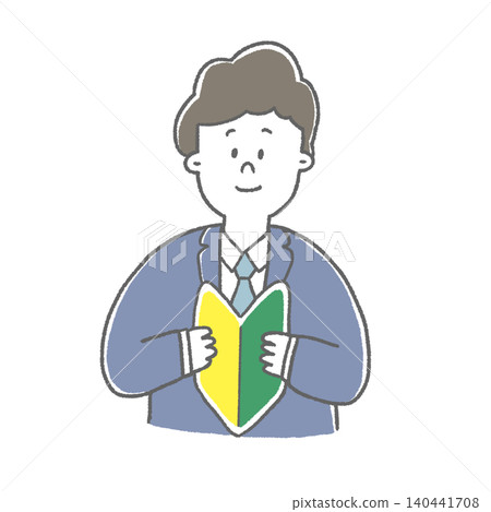 An illustration of a man in a suit holding a beginner driver's mark. An illustration of a man in a suit holding a beginner driver's mark. 140441708