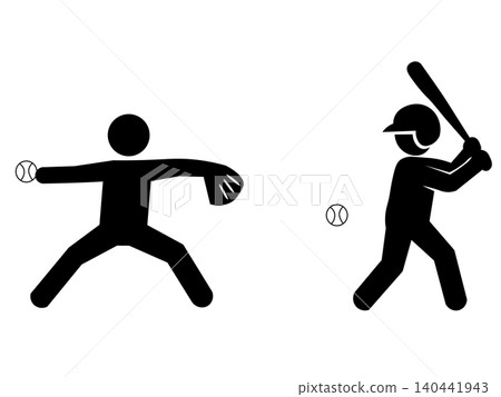 一組棒球選手和棒球裝備的象形圖。 140441943