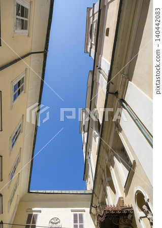 Ljubljana, Slovenia - August 15, 2019: Fragment of the facade of the Cathedral of St. Nicholas in Ljubljana against the sky. Ljubljana, Slovenia - August 15, 2019: Fragment of the facade of the Cathedral of St. Nicholas in Ljubljana against the sky. 140442083