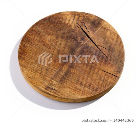 Round Rustic Wooden Cutting Board Isolated on White Background Round Rustic Wooden Cutting Board Isolated on White Background 140442366