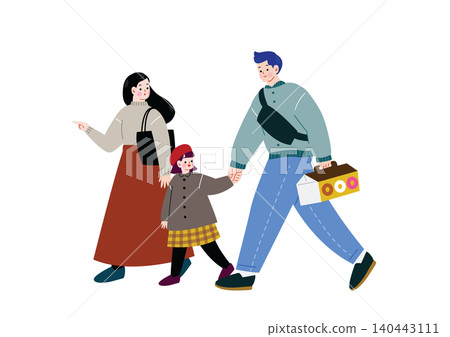 An illustration of a family of three going out in the fall. An illustration of a family of three going out in the fall. 140443111