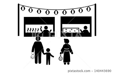 Family silhouettes enjoying food stalls under lanterns at a summer festival Family silhouettes enjoying food stalls under lanterns at a summer festival 140443690