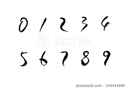 【透明背景】一組用墨水和毛筆繪製的0到9的數字。 【透明背景】一組用墨水和毛筆繪製的0到9的數字。 140443890