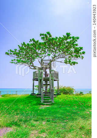 從位於石垣島海灘上的南之濱町綠色公園的觀景台上看到的景色。 從位於石垣島海灘上的南之濱町綠色公園的觀景台上看到的景色。 140443923