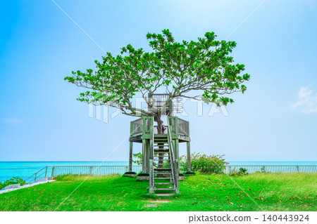 從位於石垣島海灘上的南之濱町綠色公園的觀景台上看到的景色。 從位於石垣島海灘上的南之濱町綠色公園的觀景台上看到的景色。 140443924