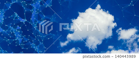 Panoramic blue sky with white clouds and futuristic digital plexus network overlay. Panoramic blue sky with white clouds and futuristic digital plexus network overlay. 140443989