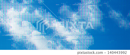 Abstract digital glitch effect over bright blue sky and clouds, wide panoramic background. Abstract digital glitch effect over bright blue sky and clouds, wide panoramic background. 140443992