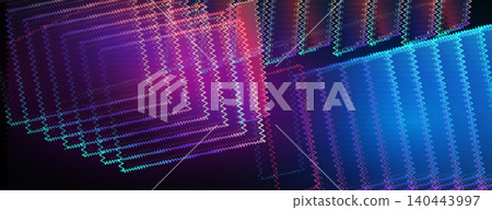 Abstract glowing neon zigzag lines background. Cyberpunk geometric wireframe texture in vibrant purple, pink, and blue colors. 140443997
