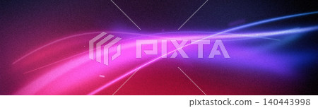 Abstract glowing light trails banner with grainy noise texture. Smooth neon waves in vibrant pink, purple, and blue colors on dark background. 140443998