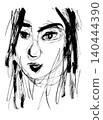 【透明背景】手繪單色線條畫，描繪了一位女性的臉部。 140444390