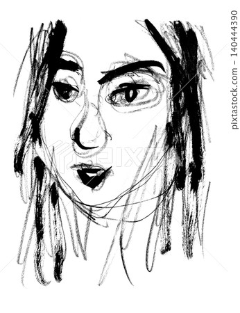 [Transparent Background] Hand-drawn monochrome line art of a woman's face 140444390