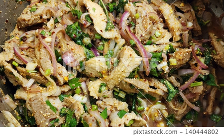 Authentic Thai Spicy Grilled Pork Salad Nam Tok Moo with Fresh Herbs Authentic Thai Spicy Grilled Pork Salad Nam Tok Moo with Fresh Herbs 140444802