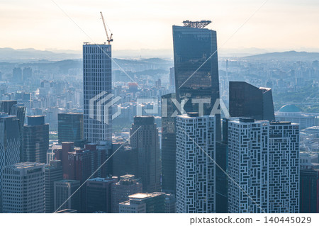 High-angle panoramic view of Yeouido financial district skyscrapers and the Han River on a clear summer afternoon in Seoul, South Korea High-angle panoramic view of Yeouido financial district skyscrapers and the Han River on a clear summer afternoon in Seoul, South Korea 140445029