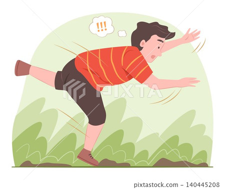 Young Teenage Boy Stumbles Over Stone on Pavement while Walking in Garden for Accident and Physical Injury Concept Illustration Clip Art Young Teenage Boy Stumbles Over Stone on Pavement while Walking in Garden for Accident and Physical Injury Concept Illustration Clip Art 140445208