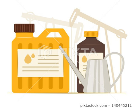 Fuel Oil Gallon and Petroleum Products with Oil Pumps of Land Rig Production for Petroleum Power, Fuel and Gasoline Industry Concept Illustration Clip Art 140445211