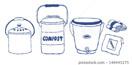 Composting and Waste Management Set. Household Compost Bin, Bucket, and Disposal Bag. Organic Waste Recycling and Eco-Friendly Lifestyle Collection. Vector Illustration Isolated Blue Hand Drawn. Composting and Waste Management Set. Household Compost Bin, Bucket, and Disposal Bag. Organic Waste Recycling and Eco-Friendly Lifestyle Collection. Vector Illustration Isolated Blue Hand Drawn. 140445275