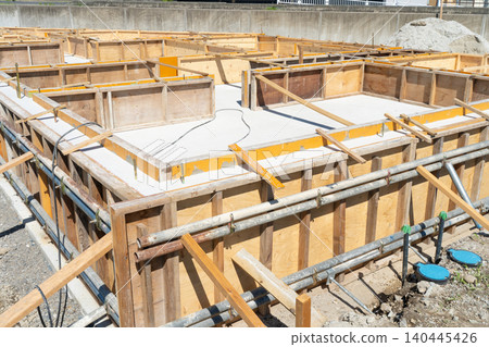 Construction of the foundation of a house, slab foundation, concrete, and concrete floor 140445426