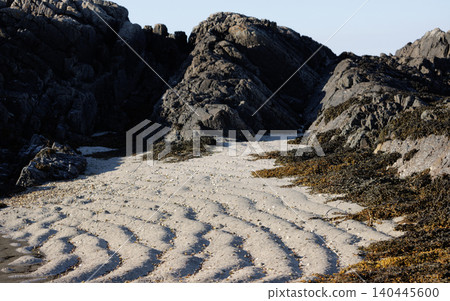 Ripples on sand by rocks on a beach Ripples on sand by rocks on a beach 140445600