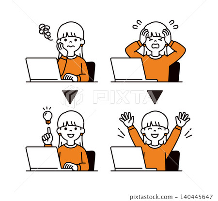 A set of vector illustrations depicting the upper body of a young woman/student sitting in front of a computer, resolving/resolving a problem. A set of vector illustrations depicting the upper body of a young woman/student sitting in front of a computer, resolving/resolving a problem. 140445647