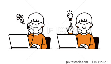 A set of vector illustrations of the upper body of a teenage/twenties female university student understanding a problem through online learning. A set of vector illustrations of the upper body of a teenage/twenties female university student understanding a problem through online learning. 140445648