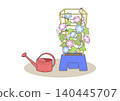 An illustration of morning glories in full bloom in a flowerpot. 140445707
