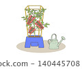 An illustration of a mini tomato plant in a flowerpot and a watering can. 140445708