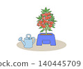 An illustration of a balsam flower in a flowerpot and a watering can. 140445709