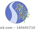 A round Tanabata background featuring the Milky Way and bamboo decorations. 140445710