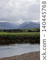 River Spey flowing through valley with Lairig Ghru mountain pass in background, Aviemore, Scotland 140445768