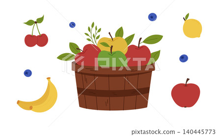 Colorful fruit basket with apples, bananas, cherries, and blueberries for design purposes Colorful fruit basket with apples, bananas, cherries, and blueberries for design purposes 140445773