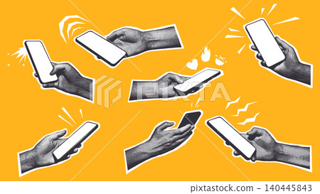 Hands Holding Smartphones Halftone Set Yellow Background 140445843