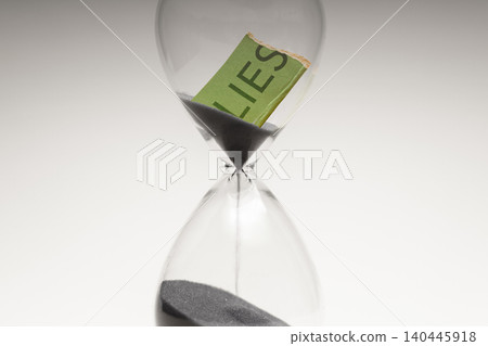 Hourglass with torn paper word LIES, deception, hidden truth and consequences of dishonesty over time Hourglass with torn paper word LIES, deception, hidden truth and consequences of dishonesty over time 140445918