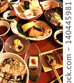 A luxurious Japanese set lunch (tempura, sashimi, grilled fish, dengaku) 140445981