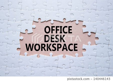Office Desk Workspace symbol. White puzzle with words Office Desk Workspace. Beautiful pink background. Business concept. Copy space. Office Desk Workspace symbol. White puzzle with words Office Desk Workspace. Beautiful pink background. Business concept. Copy space. 140446143