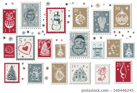 Vintage Hand-Drawn Christmas and New Year Postage Stamps Collection Vintage Hand-Drawn Christmas and New Year Postage Stamps Collection 140446245