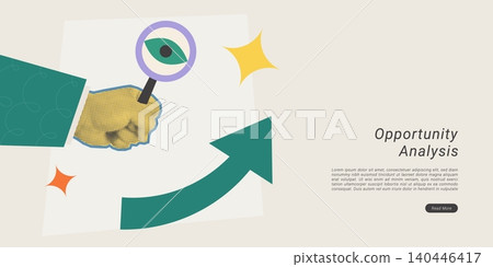Halftone collage of a hand holding a magnifying glass with an eye icon above a growth arrow, representing opportunity analysis and business insight. Perfect for strategy, marketing, and finance conten Halftone collage of a hand holding a magnifying glass with an eye icon above a growth arrow, representing opportunity analysis and business insight. Perfect for strategy, marketing, and finance conten 140446417