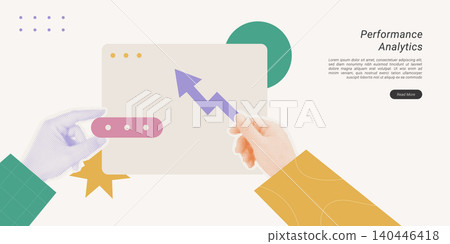 Halftone collage of two hands holding a screen displaying a growth chart arrow, representing performance analytics and business data. Perfect for finance, marketing, dashboard, and startup content. 140446418