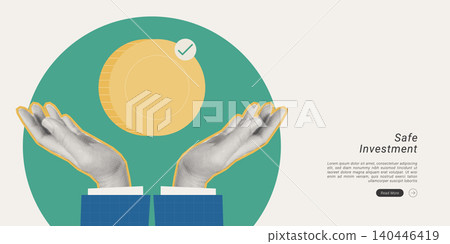 Halftone collage of two hands carefully holding a gold coin with a checkmark, representing safe investment and financial security. Perfect for banking, finance, savings, and wealth management content. 140446419